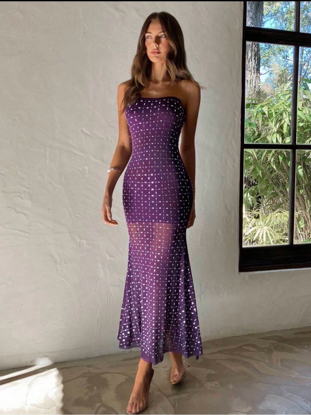Strapless Purple Polka Dot Mermaid Dress